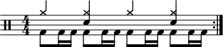 \version "2.22.0" \header { tagline = ##f} \score { \drums \with {midiInstrument = "drums"} \with { \numericTimeSignature } { \repeat volta 2 { <<{cymra4 <cymra sne>シムラ <シムラ sne>}\\{bd8 bd16 bd16 bd8 bd16 bd16 bd8 bd16 bd16 bd8 bd16 bd16}>>\break } } \layout {} } \score { \unfoldRepeats { \drums \with {midiInstrument = "drums"}{ \repeat volta 2 { <<{cymra4 <cymra sne> cymra <cymra sne>}\\{bd8 bd16 bd16 bd8 bd16 bd16 bd8 bd16 bd16 bd8 bd16 bd16}>>\break } } } \midi { \tempo 4 = 120 } }