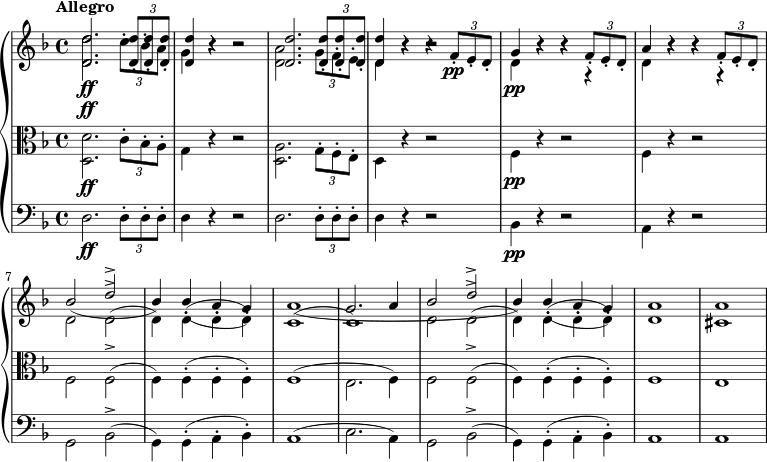{ \new PianoStaff << \new Staff << \set Staff.midiInstrument = #"violin" \tempo "Allegro" \tempo 4 = 140 \key d \minor \time 4/4 \new Voice \relative c' { \stemUp <d d'>2. _\ff \times 2/3 {q8-. q-. q-.} q4 r r2 q2. \times 2/3 {q8-. q-. q-.} q4 rr \times 2/3 {f8-. _\pp e-. d-.} g4 rr \times 2/3 {f8-. e-. d-.} a'4 rr \times 2/3 {f8-. e-. d-.} bes'2 ( d^> bes4) bes-.( a-. g-.) a1( g2. a4 bes2 ( d^> bes4) bes-.( a-. g-.) a1 a } \new Voice \relative c' { \stemDown <d d'>2. _\ff \times 2/3 {c'8-. bes-. a-.} g4 r r2 <d a'>2. \times 2/3 {g8-. f-. e-.} d4 r r2 d4 _\pp rrr drrr d2 d^>( d4) d-.( d-. d-.) c1( c) d2 d^>( d4) d-.( d-. d-.) d1 cis } >> \new Staff << \set Staff.midiInstrument = #"viola" \tempo "Allegro" \tempo 4 = 140 \clef alto \key d \minor \time 4/4 \new Voice \relative c { \stemDown <d d'>2. _\ff \times 2/3 {c'8-. bes-. a-.} g4 r r2 <d a'>2. \times 2/3 {g8-. f-. e-.} d4 r r2 f4 _\pp r r2 f4 r r2 f2 f^>( f4) f-.( f-. f-.) f1( e2. f4) f2 f^>( f4) f-.( f-. f-.) f1 e } >> \new Staff << \set Staff.midiInstrument = #"cello" \tempo "Allegro" \tempo 4 = 140 \clef bass \key d \minor \time 4/4 \new Voice \relative c { \stemDown d2. _\ff \times 2/3 {d8-. d-. d-.} d4 r r2 d2. \times 2/3 {d8-. d-. d-.} d4 r r2 bes4 _\pp r r2 a4 r r2 g2 bes^>( g4) g-.( a-. bes-.) a1( c2. a4) g2 bes^>( g4) g-.( a-. bes-.) a1 a } >> >> }