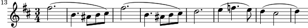 \relative c'' { \key b \minor \time 3/4 \clef treble \set Staff.midiInstrument = "oboe" \set Score.currentBarNumber = #13 \bar "" fis2.( | b,4. ais8 b cis) | fis2.( | b,4. ais8 b cis) | d2. | e4( f4. e8) | d4( cis2 | d4) }