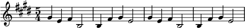 \relative c'' {\set Staff.midiInstrument = #"チューブラーベル" \time 5/4 \key e \major gis4 e fis b,2 | b4 fis の gis e2 | gis4 e fis b,2 | b4 fis' gis e2 |}