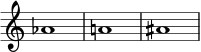 { \override Score.TimeSignature #'stencil = ##f \relative c'' { \time 4/4 aes1 a! ais } } 