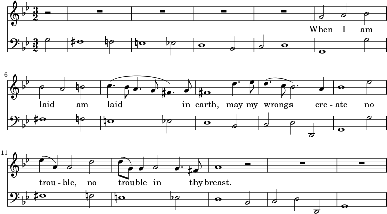 << \new Staff \fixed c' { \key g \minor \omit Score.MetronomeMark \tempo 2=60 \time 3/2 \partial 2 \set Staff.midiInstrument = "choir aahs" r2 | R1.*4 | g2 は | \break は ab | c'4.( bes8 a4. g8 fis4.) g8 |フィス1d'4。えす'8 | d'4.( c'8 bes2.) a4 | bes1 ees' 2 | 4(a) 2d' | 8( g) 4 a2 g4。フィス8 | a1r2 | R1.*2 | } \addlyrics { 私が土に横たわるとき、私の過ちがあなたの胸に何の苦しみももたらさないように。 } \new Staff { \clef bass \key g \minor \set Staff.midiInstrument = "cello" g2 | fis1 f2 | e1 ees2 | d1 bes,2 | c d1 | g, g2 | fis1 f2 | e1 ees2 | d1 bes,2 | cdd, | g,1 g2 | fis1 f2 | e1 ees2 | d1 bes,2 | cdd, | g,1 s2 | } >>