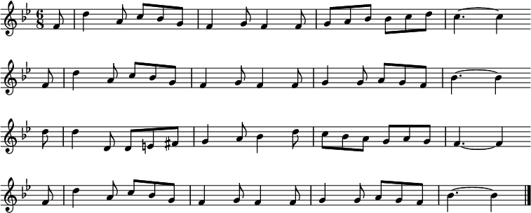 \new Staff << \clef treble \key bes \major { \time 6/8 \partial 8 \relative f' { f8 | d'4 a8 c bes g | f4 g8 f4 f8 | ga bes bes cd | c4.~ c4 \bar"" \break f,8 | d'4 a8 c bes g | f4 g8 f4 f8 | g4 g8 agf | bes4.~ bes4 \bar"" \break d8 | d4 d,8 de fis | g4 a8 bes4 d8 | c bes agag | f4.~ f4 \bar"" \break f8 | d'4 a8 c bes g | f4 g8 f4 f8 | g4 g8 agf | bes4.~ bes4 \bar"|." %2 行目の繰り返し - これら 2 つが同じでない場合は、誰かが改ざんしたことを意味します... } } %\new Lyrics \lyricmode { %} >> \layout { indent = #0 } \midi { \tempo 4. = 54 }