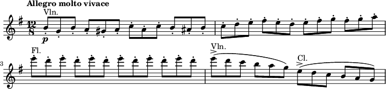 \relative c'' { \tempo "Allegro molto vivace" \set Score.tempoHideNote = ##t \tempo 4. = 152 \clef treble \key g \major \time 12/8 \set Staff.midiInstrument = #"violin " b8\p-.^\markup{"Vln."} g-. b-。あ~。ギス~。あ~。 c-。あ~。 c-。 b-。あ~。 b-。 c-。 d-。 e-。フィス~。 e-。 d-。 e-。フィス~。ぐ~。フィス~。ぐ~。 a-.\break \set Staff.midiInstrument = #"フルート" e'-.^\markup{"Fl."} d-. e-。 d-。 e-。 d-。 e-。 d-。 e-。 d-。 e-。 d-。 \set Staff.midiInstrument = #"ヴァイオリン" e->(^\markup{"Vln."} dcbag) \set Staff.midiInstrument = #"クラリネット" e->(^\markup{"Cl."} dcbag) }