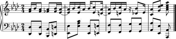 { \new PianoStaff << \new Staff << \new Voice \relative c' { \clef treble \key aes \major \time 2/4 <f aes>16 bes <f aes>8 <fes aes> <fes bes>16 <es aes>~ <es aes> bes' <es, c'> aes bes <es, c'>8 <d aes'>16~ <d aes'> bes' <d, c'> aes' r <des, bes'>8 es16 <c aes'>8 <g' des' es> <aes c es aes> } >> \new Staff << \relative c, { \clef bass \key aes \major \time 2/4 <des des'>8 <des des'> <bes bes'> <d d'> <es es'> <es' aes c> <es, es'> <e e'> <f f'> <f f'> <g g'> <g g'> <aes aes'> <es es'> <aes, aes'> \bar "|." } >> >> }