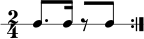  \new RhythmicStaff { \clef percussion \time 2/4 \repeat volta 2 { c8. c16 r8[ c] } } 
