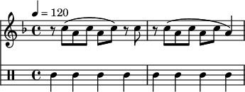 << \new Staff { \set Staff.midiInstrument = #"clarinet" \tempo 4 = 120 \relative c' { \time 4/4 \key f \major r8 c'8( a8 c8 a8 c8) r8 c8 r8 c8( a8 c8 a8 c8 a4) } } \drums { ssl4 4 4 4 4 4 4 4 } >>