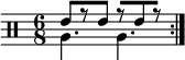 
    \new DrumStaff << \new voice \drummode { \set Score.tempoHideNote = ##t \tempo 4 = 120 \time 6/8 \stemUp \repeat volta 2 { tommh8[ r tommh] r[ tommh r] } } \new voice \drummode { \stemDown \repeat volta 2 { tomfh4. tomfh } } >>
