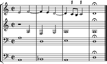 { << \new StaffGroup << \new Staff << \clef treble \time 2/2 \relative c' { \clef treble \time 2/2 e2 f2~ f4 e d2~ d4 \once \set suggestAccidentals = ##t cis8 b \once \set suggestAccidentals = ##t cis!2 d1\fermata } >> \new Staff << \clef treble \time 2/2 \new Voice \relative c' { r2 afg a1 a1\fermata } >> \new Staff << \clef bass \time 2/2 \new Voice \relative c' { a1 d, ed\fermata } >> \new Staff << \clef bass \time 2/2 \new Voice \relative c { a1 bes ad\fermata \bar "|." } >> >> >> }