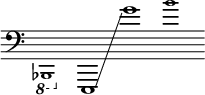 { \new Staff \with { \remove "Time_signature_engraver" } \clef bass \key c \major \cadenzaOn \ottava #-1 \tweak font-size #-2 bes,,,1 \ottava #0 e,,1 \glissando g'1 \tweak font-size #-2 b'1 }