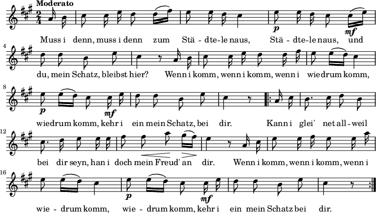 
\new Staff << \new Voice \relative c' { \autoBeamOff \ language "deutsch" \tempo "Moderato" \set Staff.midiInstrument = #"clarinet" \set Score.tempoHideNote = ##t \tempo 4 = 60 \ key a \major \time 2/4 \partial 8 a'16 h cis8 cis16 e d8 d16 [( fis )] e8 e16 d cis4 e8\p e16 d cis8 cis16\mf [( e )] d8 dhe cis4 r8 a16 h cis8 cis16 e d8 d16 fis e8 e16 [(d)] cis4 e8\p e16 [(d)] cis8 cis16\mf e d8 dhe cis4 r8 \repeat volta 2 { a16 cis h8. cis16 d8 h cis8。 d16 e8 e16 e fis8 fis\< a\! gis16\> [( fis )]\! e4 r8 a,16 cis e8 e16 fis e8 e16 a e8 e16 [( d )] cis4 e8\p e16 [( d )] cis8 cis16\mf e d8 dhe cis4 r8 } } \addlyrics { Muss i denn, muss i denn zum Stä -- dte -- le naus, Stä -- dte -- le naus, und du, mein Schatz, bleibst hier? \setignoreMelismata = ##t Wenn i komm, wenn i komm, wenn i wie -- drum komm, _ wie -- drum komm, _ kehr i ein mein Shatz, bei dir.すべてを理解してください -- 私は自分自身を見つめ、私はフロイトの監督です。ウェン・アイ・コム、ウェン・アイ・コム、ウェン・アイ・ウィー -- ドラム・コム、ウィー -- ドラム・コム、ケール・イ・アイン・メイン・シャッツ・ベイ・ディル。 } >>

