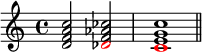 { \new Staff << \new Voice \relative c' { \clef treble \key c \major \time 4/4 \override NoteColumn.force-hshift = #1 \override NoteHead.color = #red s2 des \override NoteColumn.force-hshift = #0.5 c1 } \new Voice \relative c' { \clef treble \key c \major \time 4/4 <dfa c>2 <f aes ces> <eg c>1 \bar "||" } >> }