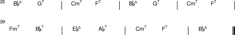 { \new ChordNames \with { \override BarLine #'bar-extent = #'(-2 . 2) \consists "Bar_engraver" } \chordmode { \override Score.BarNumber.font-size = #0 \override Score.BarNumber.stencil= #(make-stencil-boxer 0.1 0.25 ly:text-interface::print) \set Score.barNumberVisibility = #all-bar-numbers-visible \set Score.currentBarNumber = #25 \bar "" bes2:maj7 g:7 | c:m7 f:7 | bes:maj7 g:7 | c:m7 f:7 | \break f:m7 bes:7 | es:maj7 aes:7 | c:m7 f:7 | bes1:maj7 \bar "|." } }