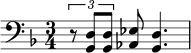 \relative c { \clef bass \time 3/4 \key d \minor \times 2/3 { r8 <dg,> <dg,> } <ees aes,> <dg,>4. }