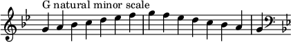 { \omit Score.TimeSignature \relative c'' { \key g \minor \time 7/4 g^"G ナチュラルマイナースケール" a bes cd es fgf es dc bes ag \clef F \key g \minor } }