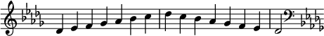 { \omit Score.TimeSignature \relative c' { \key des \major \time 7/4 des es f ges aes bes c des c bes aes ges f es des2 \clef F \key des \major } }