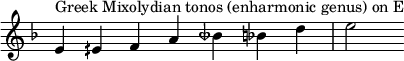 { \key e \locrian \override Score.TimeSignature #'stencil = ##f \relative c' { \clef treble \time 7/4 e4^\markup { E のギリシャ ミクソリディアン トノス (異名同音属) } eih fa beseh bes d e2 } }
