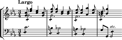 \new StaffGroup << \new Staff \with { \magnifyStaff #6/7 } \relative c'' { \time 3/4 \key c \minor \tempo "Largo" << \new Voice = "first" \relative c'' { \voiceOne <c g>8 <g' es>4 <es c>4 <c g>8 | <g' d>8 <g d>4 <d bes> <d bes>8 | <f c>8 <f c>4 <as as,> <f c>8 | <d b>8 <gb,>4 } \new Voice = "second" \relative c'' { \voiceTwo g2.:8 g2.:8 f:8 g:8 \bar"" } >> } \new Staff \with { \magnifyStaff #6/7 } \relative c' { \clef "bass" \key c \minor c2.:8 b4:8 bes2:8 a4:8 as2:8 g8 g, g2:8^\markup{\italic etc.} } >>