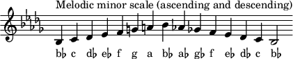 \header { tagline = ##f } scale = \relative c' { \key bes \minor \omit Score.TimeSignature bes^"メロディックマイナースケール(上昇と下降)" c des es fga bes aes! ges! f es des c bes2 } \score { { << \cadenzaOn \scale \context NoteNames \scale >> } \layout { } \midi { } }