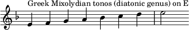 { \key e \locrian \override Score.TimeSignature #'stencil = ##f \relative c' { \clef treble \time 7/4 e4^\markup { ギリシャのミクソリディアン・トノス(全音階属)E } fga bes cd e2 } }