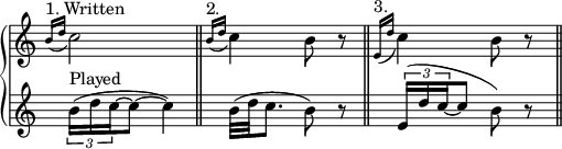 { \override Score.TimeSignature #'stencil = ##f { \new PianoStaff << \new Staff { \relative c'' { \clef treble \time 2/4 \grace { b16(^\markup { 1. Written } d } c2) \bar "||" \grace { b16(^\markup { 2. } d } c4) b8 r8 \bar "||" \grace { e,16(^\markup { 3. } d' } c4) b8 r8 \bar "||"} } \new Staff { \relative c'' { \tuplet 3/2 { b16(^\markup { 演奏 } dc~ } c8~ c4) b32( d32 c8. b8) r8 \tuplet 3/2 { e,16( d' c~ } c8 b8) r8 } } >> } }