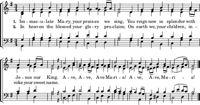 { \new ChoirStaff << \language "english" \new Staff << \new Voice \relative c' { \set Staff.midiInstrument = "church organ" \set Score.tempoHideNote = ##t \override Score.BarNumber #'transparent = ##t \tempo 4 = 100 \voiceOne \clef treble \key g \major \time 3/4 \partial 4 d4 | ggb | ggb | aa b8( a) | g2 d4 | ggb | ggb | aa b8( a) | g2 r4 c2 c4 | b2 b4 | aaa | d2 g,4 c2 c4 | bbb | a2( b8 a) | g2 \bar "|." } \addlyrics {\set stanza = #"1. 「 メアリーよ、亡き今、私たちはあなたを讃え歌います。あなたは今、私たちの王イエスとともに、輝かしく君臨しています。 ああ、ああ、ああ、メアリー! ああ、ああ、メアリー! } \addlyrics {\set stanza = #"2. 「 天国では、あなたの栄光を祝福します。 地上では、あなたの子供である私たちは、あなたの甘美な名前を呼びます。 } \new Voice \relative c' { \voiceTwo b4 | ddd | ee fs | gg fs | d2 d4 | ee fs | ed g8( fs) | e4 g fs | d2 r4 e( g) a | g( a) g8( fs) | e4 g fs | g fs de( g) fs8( e) | ds( e) fs4 g8( fs) | e4( g fs) | d2 } >> \new Staff << \new Voice \relative c' { \set Staff.midiInstrument = "church organ" \clef bass \key g \major \time 3/4 \voiceOne g4 | bbb | bbd | ecd | b2 a4 | bbd | cbd | ccd | b2 r4 c2 d4 | d2 d4 | ccd | d( c) bc( b) a8( g) | fs4 bb | c( e d8 c) | b2 } \new Voice \relative c { \voiceTwo g4 | g' g fs | eed | ced | g2 fs4 | eeb | c g' g | aad, | g2 r4 c,( e) fs | g2 b,4 | ced | b' ag a2 a,4 | b ds e | c2 d4 | g2 } >> >> }