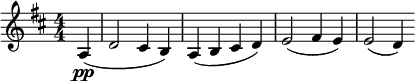\relative c' { \clef treble \numericTimeSignature \time 4/4 \key d \major \partial 4*1 a4\pp( | d2 cis4 b) | a( b cis d) | e2( fis4 e) | e2( d4) }