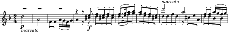 {{ \key d \minor \time 2/4 << \relative a''{ \voiceOne \override MultiMeasureRest.staff-position = #8 R2 * 3 | r4 a8\rest e8-. | f8-.[ e-. f-. e-.] | f8.[ ( g16 a8) bes-.] | a8-.[ g-. f-. e-.] | d'2 ^\markup { \italic "marcato" } | a | f8-. f-. a16( gfg) } \new Voice \relative d '' { \voiceTwo d2 \p _\markup { \italic "marcato" } | a2 | f8-. f-. a16( gfg) | a4 r8 cis8-. \f | d8-. [ cis-. d-. cis-.] | d8.([ e16 f8 ) g-.] | f8-.[ e-. d-. cis-.] | d8-.[ d-. f-. d-.] | r8 cis-.[ ea,-.] | d8-.[ d-. bes-. bes-.] } >> }}