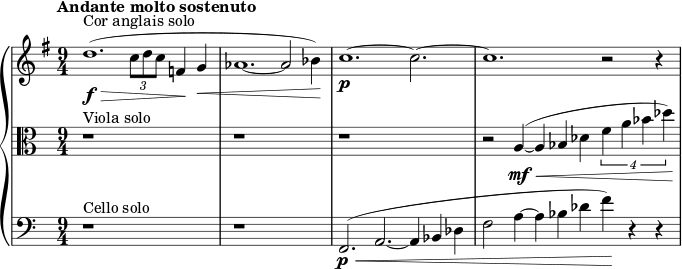 {\new PianoStaff {<< \new Staff \relative c'{\set Staff.midiInstrument=#"イングリッシュ ホルン" \time 9/4 \set Score.tempoHideNote = ##t \tempo "Andante molto sostenuto" 4=80 \autoBeamOff \clef treble \key e \minor ^\markup {コル アングレ ソロ} | d'1. \f \> ( \tuplet 3/2 {c8[ d8 c8]} f,!4 \! g4 \<|aes1.~aes2|bes4) \!|\p c1.~c2.~|c1. r2 r4|} \new Staff \relative c'{\set Staff.midiInstrument=#"viola" \time 9/4 \set Score.tempoHideNote = ##t \tempo "Andante molto sostenuto" 4=80 \autoBeamOff \clef alto \key a \minor ^\markup {ヴィオラソロ} |r1*9/4|r1*9/4|r1*9/4|r2 a4 \mf \< (~a4 bes4 des4 \tuplet 4/3 {f4 a4 bes4 des4}) \!|} \new Staff \relative c' {\set Staff.midiInstrument=#"cello" \time 9/4 \set Score.tempoHideNote = ##t \tempo "Andanteモルト ソステヌート" 4=80 \autoBeamOff \音部低音 \key a \minor ^\markup {チェロソロ} |r1*9/4|r1*9/4|ふ、、２。 \p \< ( a2.~a4 bes4 des|f2 a4~a4 bes4 des4 f4) \! r4 r4|}>>}}