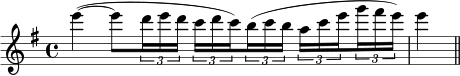 \relative c'''{ \set Staff.midiInstrument = #"violin" \set Score.tempoHideNote = ##t \tempo 4 = 60 \clef treble \key g \major \time 4/4 e4(~ e8 \times 2/3 { d16 ed } \times 2/3 { cd \set stemRightBeamCount = #1 c) } \set stemLeftBeamCount = #1 \times 2/3 { b( cb } \times 2/3 { ac \set stemRightBeamCount = #1 e } \set stemLeftBeamCount = #1 \times 2/3 { g fis e) } e4( \bar "||" }