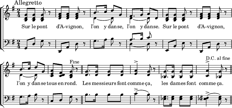 
% ジャン＝バティスト・ウェッケルラン [[:fr:s:Sur le pont d'Avignon (Weckerlin 1870)]] による編曲。% 詩の部分では少し異なる言葉が使われています。 \header { tagline = ##f } \layout { indent = 0 \context { \Score \remove "Bar_number_engraver" } \context { \Voice \remove "Dynamic_engraver" } } global = { \key g \major \time 2/4 } chorvoice = \relative c' { \global \set midiInstrument = "flute" \autoBeamOff \set Score.tempoHideNote = ##t \tempo 4=100 g'8^>\fg g4 | a8^> a a4 | b8. c16 d8 g、 |フィス8。 g16 a8 d、 | g8^> g g4 | a8^> a a4 | b8. c16 d8 g、 | a fi g r8 \bar "||" } versevoice = \relative c' { \set midiInstrument = "フルート" g'8. g16 g8 g | \set Score.tempoHideNote = ##t \tempo 4=50 a4^> g8 r8 | \tempo 4=100 g8. g16 g8 g | \tempo 4=50 a4^> g8 r8 \bar "||" \tempo 4=100 } chorlyrics = \lyricmode { Sur le pont d'A -- vi -- gnon、l'on y dan -- se、l'on y dan -- se。 Sur le pont d'A -- vi -- gnon、l'on y dan -- se tous en rond。 } verselyrics = \lyricmode { Les mes -- sieurs font comme ça、les da -- mes font comme ça. } chorright = \relative c'' { \global \set midiInstrument = "ビブラフォン" \mark \markup "Allegretto" <gd b>8\pp <gd b> <gd b> r8 | } <a fi s d> <a fi s d> <a fi s d> r8 | << { b8. c16 d8 g、 |フィス8。 g16 a8 d, } \\ { d4~ d8 s8 | d4~d8 s8 } >> | <gd b>8 <gd b> <gd b> r8 | <a fi s d> <a fi s d> <a fi s d> r8 | << { b8. c16 d8 g, } \\ { d4~ d8 s8 } >> | <a' e c>8 <fis d c> <gd b>^"大丈夫" r8 \bar "||" } verseright = \relative c' { \set midiInstrument = "ビブラフォン" <g' d>8. <g d>16 <g d>8 <g d> | <a e>4^> <g d>8 r8 | <g bes,>8. <g bes,>16 <g bes,>8 <g bes,> | <ac,>4^>^"DC al fine" <g bes,>8 r8 \bar "||" } chorleft = \relative c { \global \set midiInstrument = "vibraphone" g8\p d' g r8 | d, a' d r8 | g8. a16 b8 r8 | << { a8. b16 c8 } \\ { d,4~ d8 } >> r8 | e,8 b' e r8 | d, a' d r8 | g8. a16 b8 r8 | c, dg r8 \bar "||" } verseleft = \relative c { \set midiInstrument = "vibraphone" b'8. b16 b8 b8 | c4-> (b8) r8 | <ees, g>8. <ees g>16 <ees g>8 <ees g> | <ees fis!>4-> (<ees g>8) r8 \bar "||" } voicepart = \new Staff { \clef treble \chorvoice \versevoice } \addlyrics { \chorlyrics \verselyrics } pianopart = \new ChoirStaff %{ PianoStaff %} << \new Staff { \clef treble \chorright \verseright } \addlyrics { \chorlyrics \verselyrics } \new Staff { \clef bass \chorleft \verseleft } >> \score { << % \voicepart % この行をアクティブにすると、上に別のボーカル譜表が作成されます。\pianopart >> \layout { } } \score { { << { \chorvoice \versevoice } \\ { \chorright \verseright } \\ { \chorleft \verseleft } >> << \chorvoice \\ \chorright \\ \chorleft >> } \midi { \context { \Score midiChannelMapping = #'instrument } \context { \Staff \remove "Staff_performer" } \context { \Voice \consists "Staff_performer" } } }
