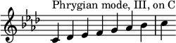 { \override Score.TimeSignature #'stencil = ##f \key c \phrygian \relative c' { \clef treble \time 7/4 c4^\markup { フリギア旋法、III、C } des es fg aes bes c } }