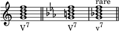 
{ \override Score.TimeSignature #'stencil = ##f \relative c'' { \clef treble \time 4/4 \key c \major <gbd f>1_\markup { \concat { "V" \raise #1 \small "7" } } \bar "||" \clef treble \time 4/4 \key c \minor <gbd f>1_\markup { \concat { "V" \raise #1 \small "7" } } <g bes! d f>^\markup { "rare" }_\markup { \concat { "v" \raise #1 \small "7" } } \bar "||" } }
