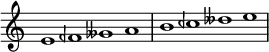 { \omit Score.TimeSignature \relative c' { \override NoteHead.duration-log = #0 \hide Stem e feh geses ab ceh deses e } }