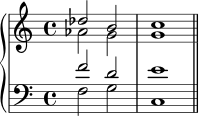 \new PianoStaff << \new Staff << \new Voice \relative c'' { \stemUp \clef treble \key c \major \time 4/4 des2 b c1 } \new Voice \relative c'' { \stemDown aes2 g g1 } >> \new Staff << \new Voice \relative c' { \stemUp \clef bass \key c \major \time 4/4 f2 d e1 } \new Voice \relative c' { \stemDown f,2 gc,1 \bar "||" } >> >>
