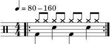  \version "2.22.0" \header { tagline = ##f} \score { \drums \with {midiInstrument = "drums"} \with { \numericTimeSignature } { \repeat volta 2 { << \tempo 4 = 80-160 \bar ".|:" { cymra8 [cymra] cymra [cymra] cymra [cymra] cymra [cymra] }\\{bd4 sne bd sne} >>\break } } \layout {} } \score { \unfoldRepeats { \drums \with {midiInstrument = "drums"}{ \repeat volta 2 { << \tempo 4 = 80-160 \bar ".|:" { cymra8 [cymra] cymra [cymra] cymra [cymra] cymra [cymra] }\\{bd4 sne bd sne} >>\break } } } \midi { \tempo 4 = 90 } } 