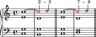 \new PianoStaff << \new Staff << \new Voice \relative c'' { \stemUp \clef treble \key c \major \time 4/4 c1^~ \once \override NoteHead.color = #red c2^\markup { " 2 – 3" } d2 c1^~ \once \override NoteHead.color = #red c2^\markup { " 7 – 8" } d2 } \new Voice \relative c' { \stemDown e1 d ed } >> \new Staff << \new Voice \relative c { \clef bass \key c \major \time 4/4 <c g'>1 <b g'> \bar "||" <c g'> <d f> \bar "||" } >> >>