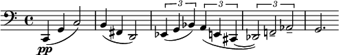 \relative c { \clef bass \time 4/4 c,4(\pp g' c2) | b4( fis d2) | \times 2/3 { ees4( g bes) } \times 2/3 { a( e cis~ } | \times 2/3 { des2) f!-- aes-- } | g2. }