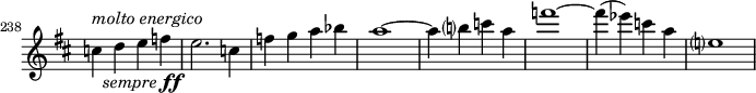 \relative c' \new Staff \with { \remove "Time_signature_engraver" } { \key d \major \time 2/2 \set Staff.midiInstrument = "violin" \set Score.tempoHideNote = ##t \tempo 1 = 68 \set Score.currentBarNumber = #238 \bar "" << c'4 { s8^\markup{ \italic { molto energico } } s_\markup{ \italic sempre \dynamic ff } } >> d4 ef e2. c4 fga bes a1~ a4 b? ca f'1~ f4( es) cae?1 }