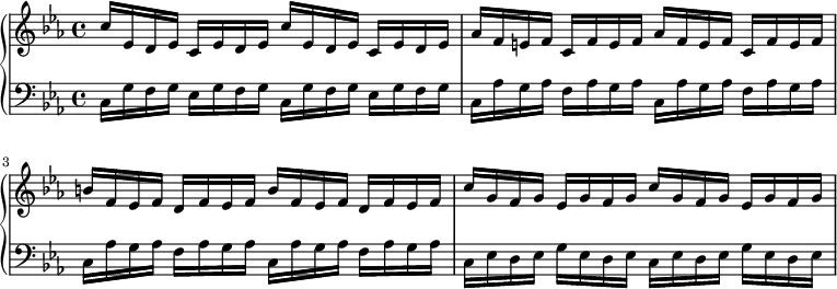 { << \new PianoStaff << \new Staff \relative c'' { \clef treble \key c \minor \time 4/4 \set Score.tempoHideNote = ##t \tempo 4 = 116 c16 es, des cデスデス、デスデス | as16 フェフフェフとしてフェフフェフ | b16 フェス fdf エス fbf エス fdf エス f | c'16 gfg es gfgcgfg es gfg | } \new Staff \relative c { \音部低音 \key c \minor \time 4/4 c16 g' fg es gfgc, g' fg es gfg | c,16 as' g as f as g as c、as' g as f as g as | c,16 as' g as f as g as c、as' g as f as g as | c,16 エス デス デス デス デス デス | >> >> }
