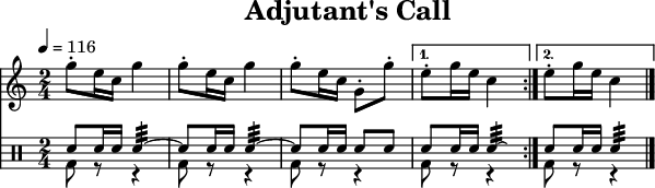 
\header { title = "Adjutant's Call" tagline = ##f } \paper { #(layout-set-staff-size 18) } \score { << \relative c''' { \tempo 4=116 \key c \major \time 2/4 \set Staff.midiInstrument = #"french horn" \repeat volta 2 { g8-. e16 c16 g'4 g8-. e16 c16 g'4 g8-. e16 c16 g8-. g'8-. } \alternative { { e8-. g16 e16 c4 } { e8-. g16 e16 c4 \bar "|." } } } \drums { \repeat volta 2 { << { sn8 sn16 sn16 sn4:32~ } \\ { bd8 r8 r4 } >> << { sn8 sn16 sn16 sn4:32~ } \\ { bd8 r8 r4 } >> << { sn8 sn16 sn16 sn8 sn8 } \\ { bd8 r8 r4 } >> } \alternative { { << { sn8 sn16 sn16 sn4:32 \laissezVibrer } \\ { bd8 r8 r4 } >> } {< { sn8 sn16 sn16 sn4:32 } \\ { bd8 r8 r4 } >> \bar 「|。」 } } } >> \layout { } \midi { } }
