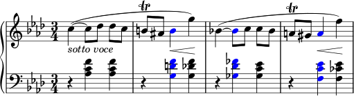  { \new PianoStaff << \new Staff << \new Voice \relative c'' { \clef treble \key f \minor \time 3/4 \override DynamicLineSpanner.staff-padding = #2 c4~(_\markup { \italic "sotto voce" } c8[ des] des[ c] b\trill ais \once \override NoteHead.color = #red b4\< g')\! bes,!~( \once \override NoteHead.color = #red bes8[ c] c[ bes] a8\trill gis \once \override NoteHead.color = #red a4\< f')\! } >> \new Staff << \new Voice \relative c' { \clef bass \key f \minor \time 3/4 r4 <aes c f> <aes c f> r \once \override NoteHead.color = #red <g d' f> <g des' f> r \once \override NoteHead.color = #red <ges des' fes> <ges c es> r \once \override NoteHead.color = #red <f c' es> <f ces' es> } >> >> } 