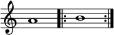 { \override Score.TimeSignature #'stencil = ##f { \relative c'' { \time 4/4 a1 \repeat volta 2 { b1 } } } }