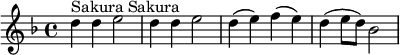 \relative c' {\set Staff.midiInstrument = #"オーケストラハープ" \once \hide Score.MetronomeMark \tempo 4 = 120 \key f \major d'4^\markup { さくらさくら } d e2 d4 d e2 d4 ( e) f (e) d (e8 d) bes2}