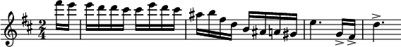 \relative c'' { \clef treble \key b \minor \time 2/4 \partial 16*2 fis'16 eedd cis cis ed cis ais b fis db ais a gis e'4。 g,16-> fis-> d'4.-> }