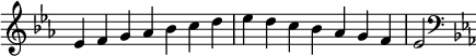 { \omit Score.TimeSignature \relative c' { \key es \major \time 7/4 es fg aes bes cd es dc bes aes gf es2 \clef F \key es \major } }