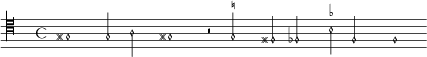 { \new MensuralVoice \with { \remove "Time_signature_engraver" } \clef "mensural-c4" gis1 g2 a gis!1 r2 \set suggestAccidentals = ##tg! \set suggestAccidentals = ##f fis fes \set suggestAccidentals = ##tbes f f1 }