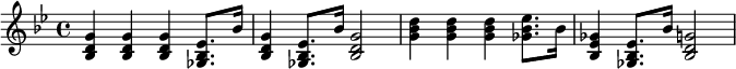 {\key g \minor \time 4/4 <bes d' g'> <bes d' g'> <bes d' g'> <ges bes ees'>8. bes'16 <bes d' g'>4 <ges bes ees'>8. bes'16 <bes d' g'>2 <g' bes' d''>4 <g' bes' d''>4 <g' bes' d''>4 <ges' bes' ees''>8. bes'16 <bes ees' ges'>4 <ges bes ees'>8. bes'16 <bes d' g'>2 }