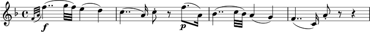 \relative f' { \key f \major \time 4/4 \grace { f32( a } f'4..)( \f g32 f) e4( d) c4..( a16) c8-. r f8.( \pa,16) bes4..( c32 bes) a4( g) f4..( c16) a'8-. r r4 }