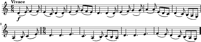 
\new Staff { \time 6/8 \tempo Vivace 4.=144 \set Score.tempoHideNote = ##t d'4(\f e'8) f'4( f'8-.) | e'4( c'8) d'4( d'8-.) | e'4( f'8) g'8([ f'8 e'8]) | d'4. d'4( d'8-.) | e'4( f'8) g'4( g'8-.) | a'4( a'8-.) e'8([ d'8 c'8]) | d'4( c'8) b8([ a8 g8]) | a4( b8) c'4( e'8) \bar "||" \時刻 9/8 日 4 時。 d'4. e'4. | c'4。 a4( b8) c'8([ b8 a8]) | d'4. d'4. e'4. | f'4( e'8) d'4( c'8) b8([ a8 g8]) \bar "。" }
